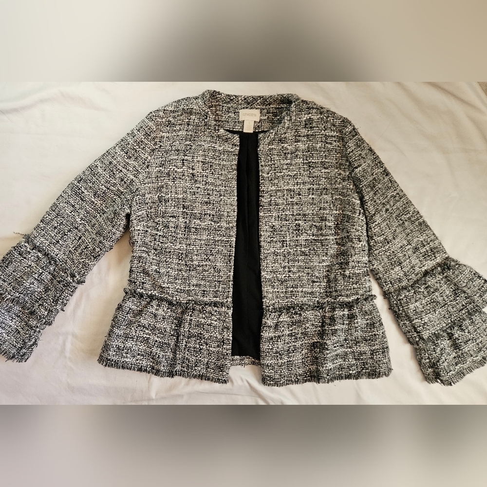 Chicos Womens Black And White Tweed Peplum Hem Open Blazer Size Medium (1)